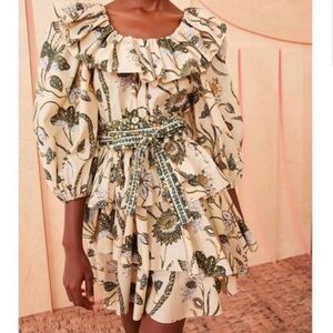 Ulla Johnson Yellow Floral Giselle Mini Dress Tiered Ruffle Size 8 X1